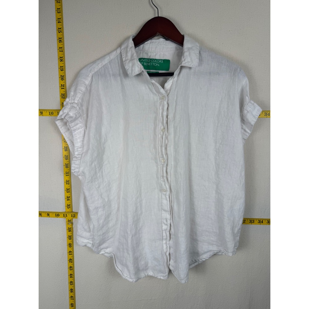 United Colors of Benetton Pure Linen Shirt Womens L White Short Sleeve Button Up